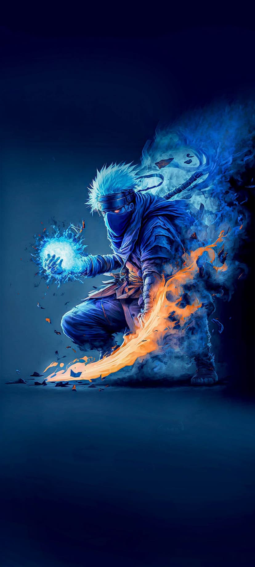 Blue-armored ninja with spiky white hair holds a glowing energy orb amidst swirling orange and blue smoke.