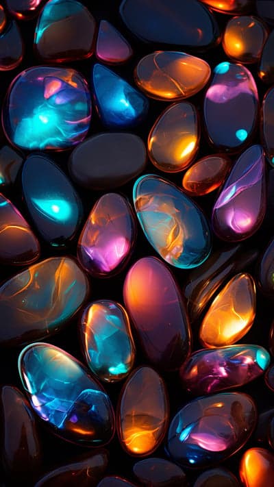 Vibrant Glass Pebbles Glowing with Neon Light