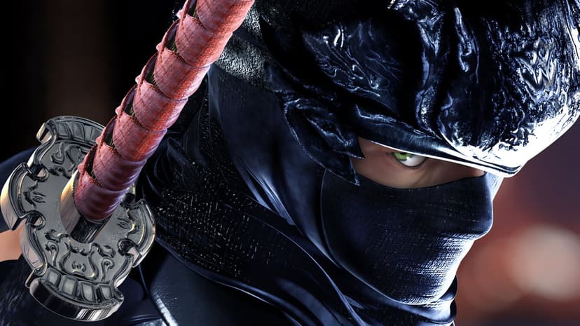 Ryu Hayabusa's focused green eye and black leather mask beside a detailed silver katana hilt in 4K resolution.