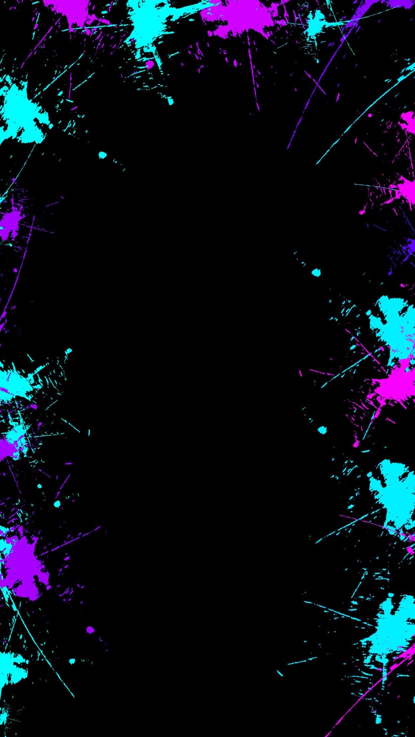 Neon pink and turquoise paint splatters frame a black background with energetic liquid streaks and drops.
