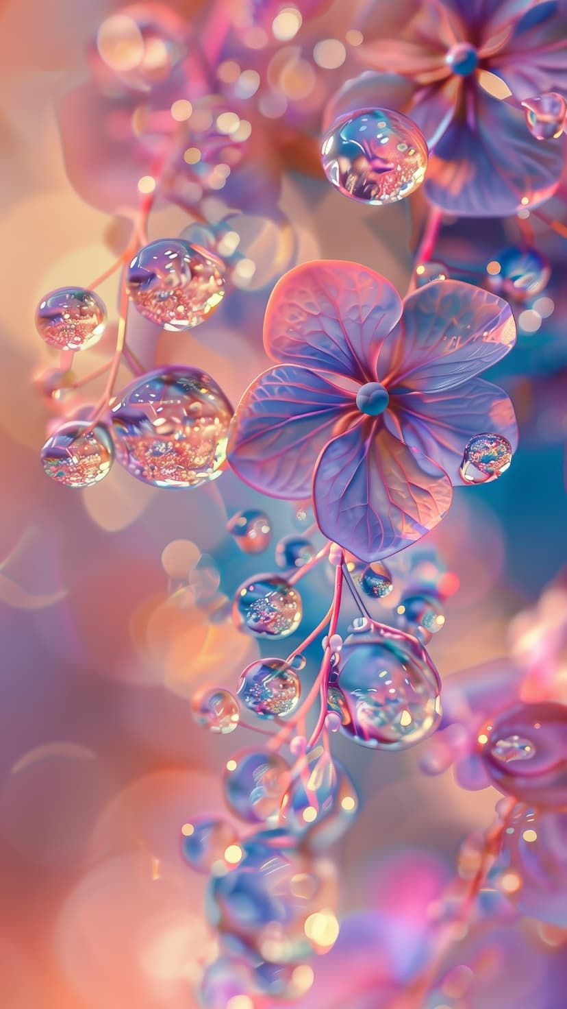 Purple hydrangea petals covered in translucent dewdrops with a soft orange and blue bokeh background in macro focus.