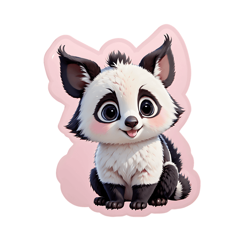 Panda sticker illustration with fluffy black and white fur, large dark eyes, and a pink circular background.