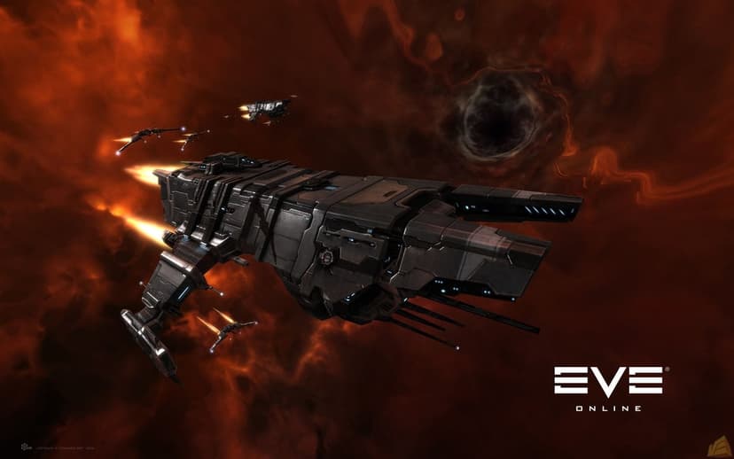 Drake battlecruiser and escort ships flying through a swirling orange nebula toward a dark spatial wormhole.