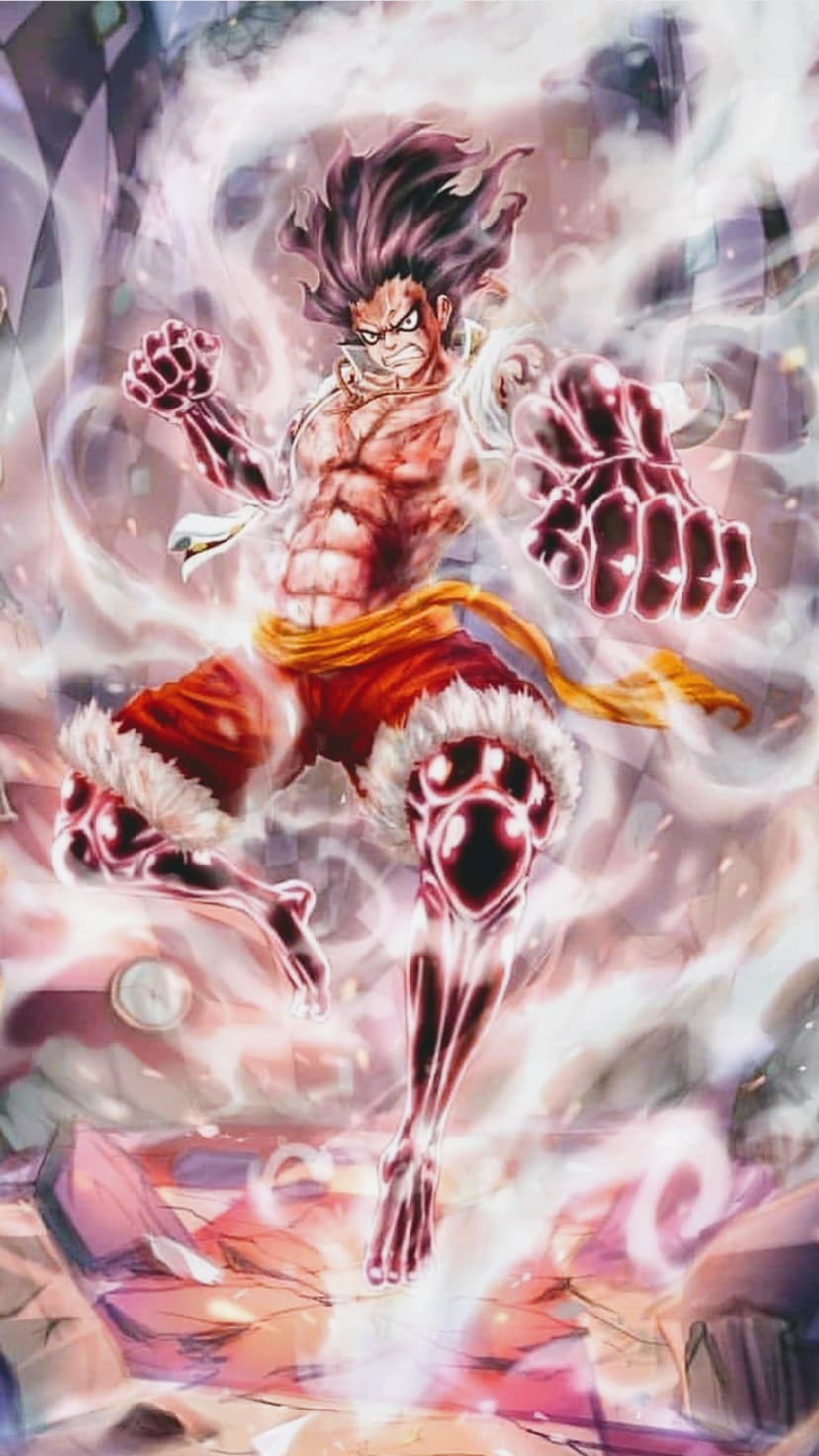 Monkey D. Luffy in white Gear 5 form strikes with a smiling face amid swirling clouds and energy bolts.