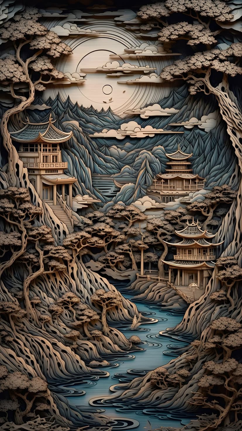 Tiered pagodas and a massive moon stand amidst wood-carved mountains and a river in a peaceful evening scene.