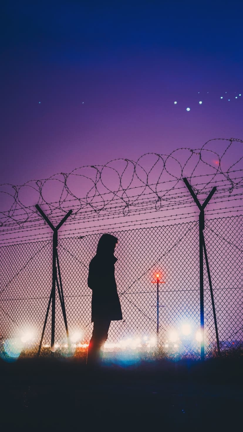 Silhouetted person stands behind a barbed wire fence under a purple twilight sky with faint stars and city lights.