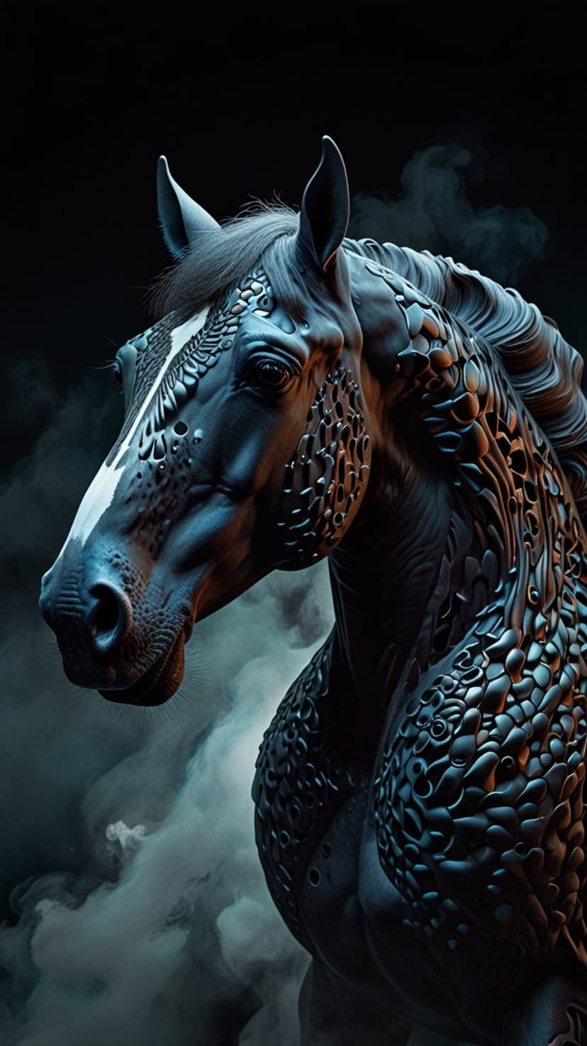 Armored horse with a white face blaze and ornate scales stands centered within a dark, hazy environment.