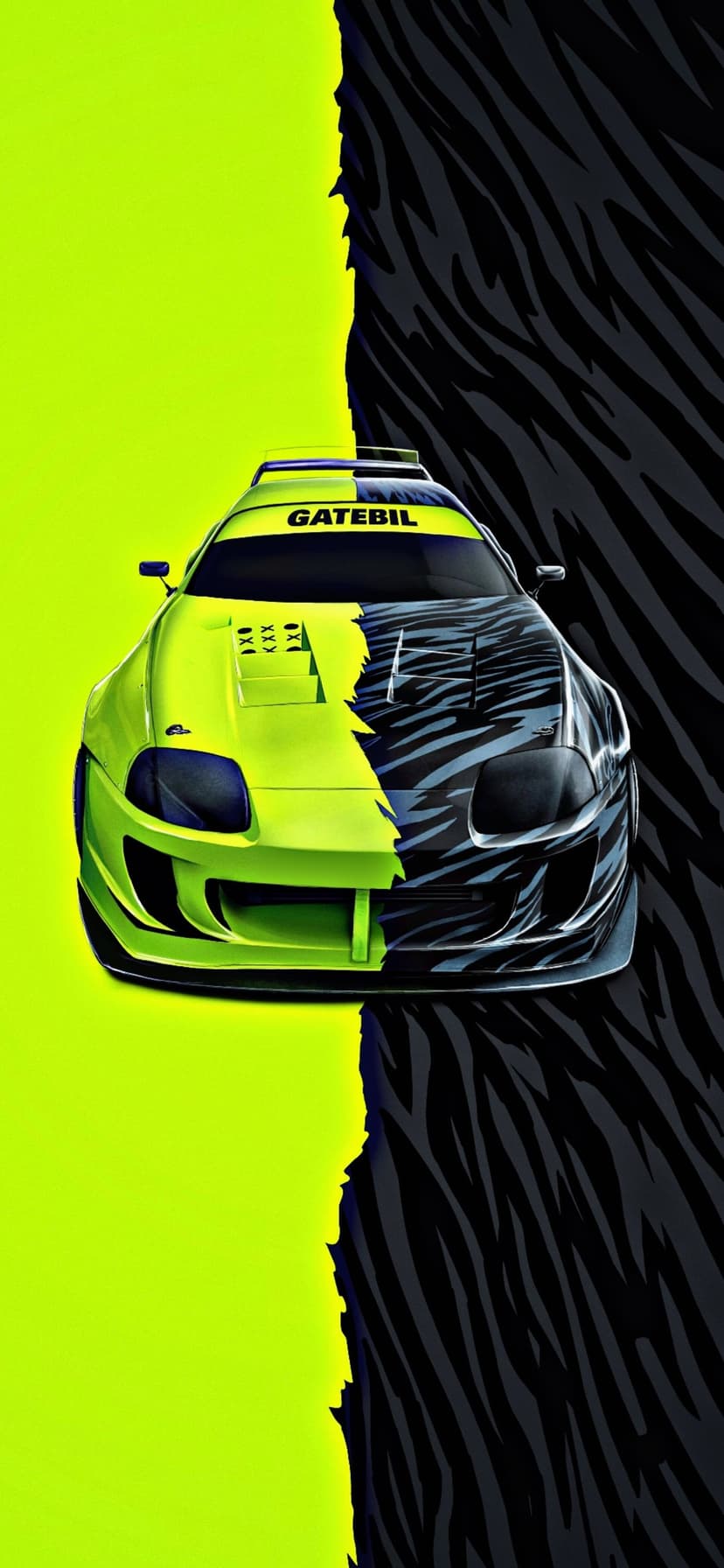 Sports car with a split neon lime green and black zebra stripe exterior features racing decals and sleek lines.
