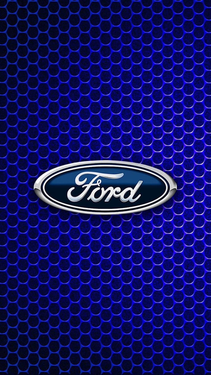 Ford logo with chrome trim and blue center on a hexagonal textured mesh background with depth and shadows.