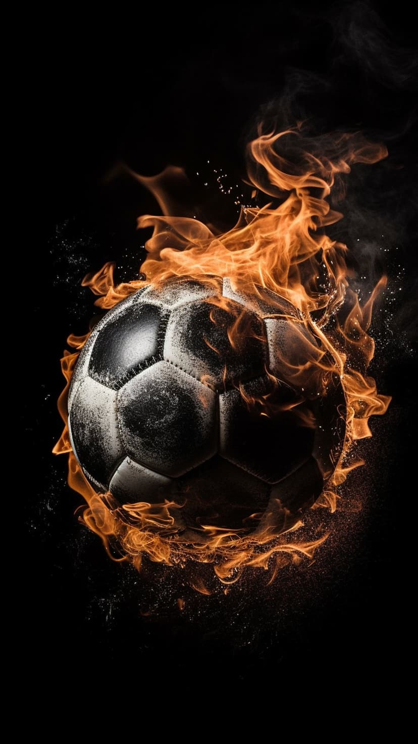 Soccer ball engulfed in bright orange flames and swirling embers against a solid black background with smoke.