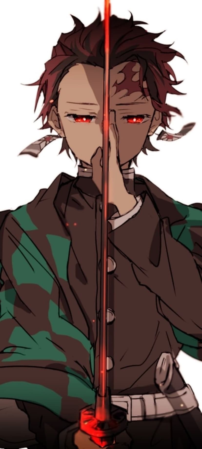 Tanjiro Kamado staring intensely with glowing red eyes while holding a fiery katana in a vertical portrait.