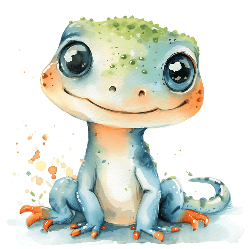 Gecko watercolor reptile illustration with blue skin and orange toes against a dark backdrop with paint splatters.