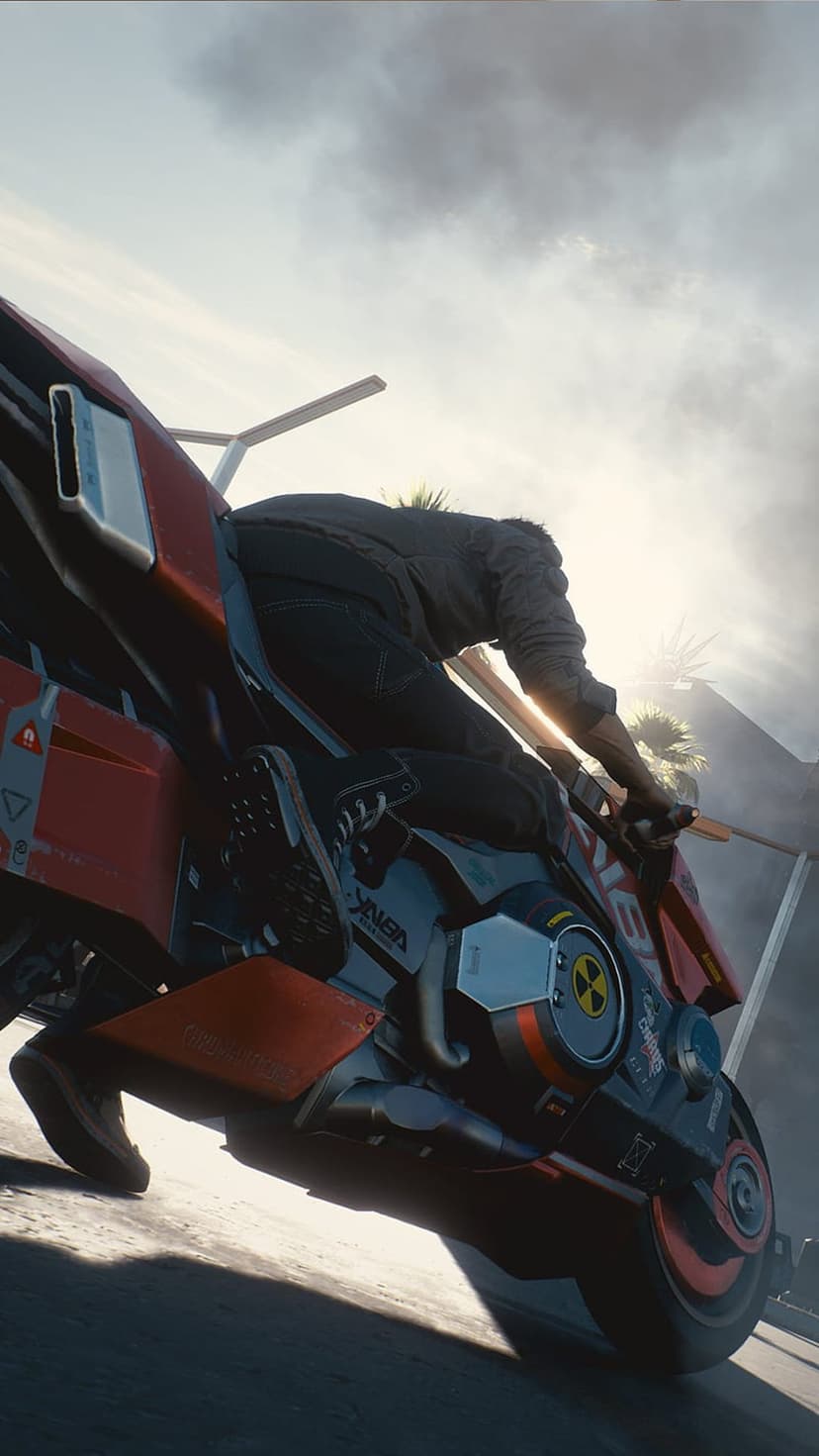 Cyberpunk biker on a red and black motorcycle leans into a turn as sunlight pierces through a cloudy sky.
