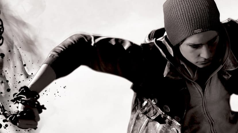 Delsin Rowe in a beanie and denim jacket with smoke and chains swirling around his arm in monochrome.