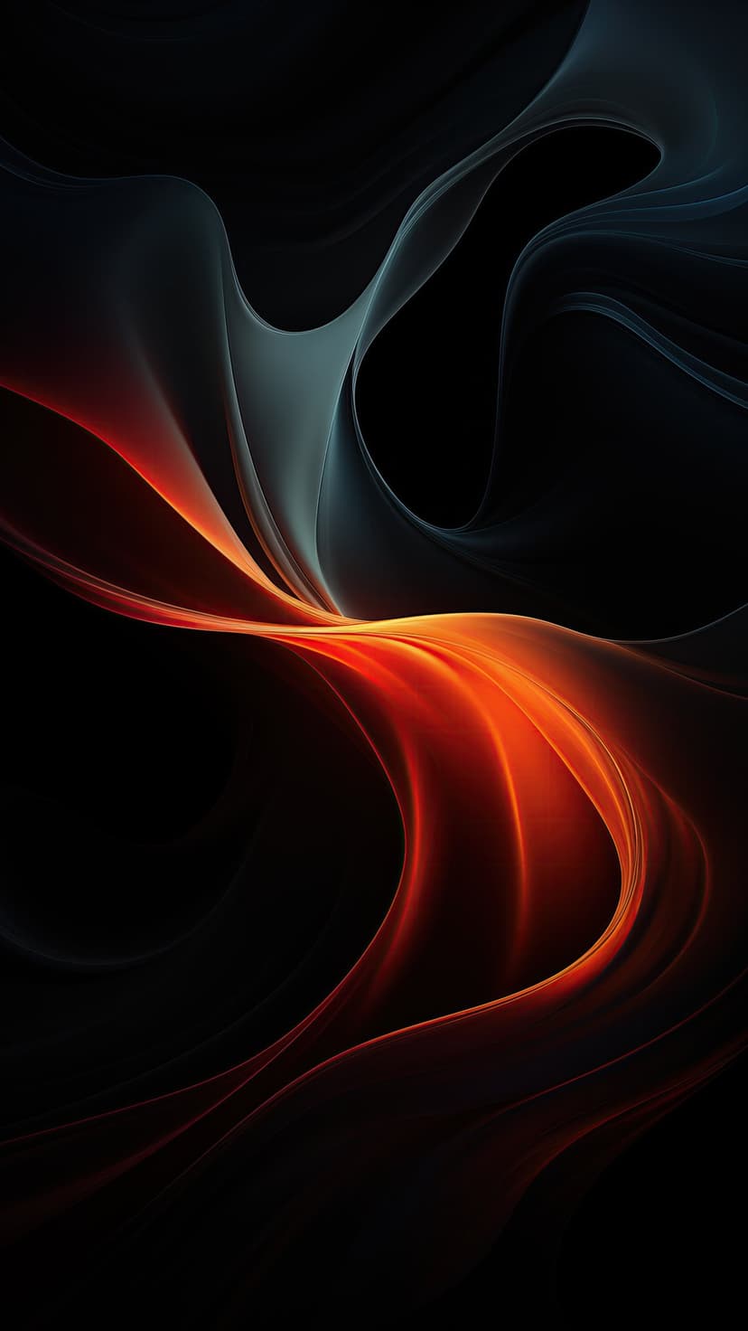 Glowing red and blue vaporous waves curve and intertwine over a solid black surface with soft light gradients.