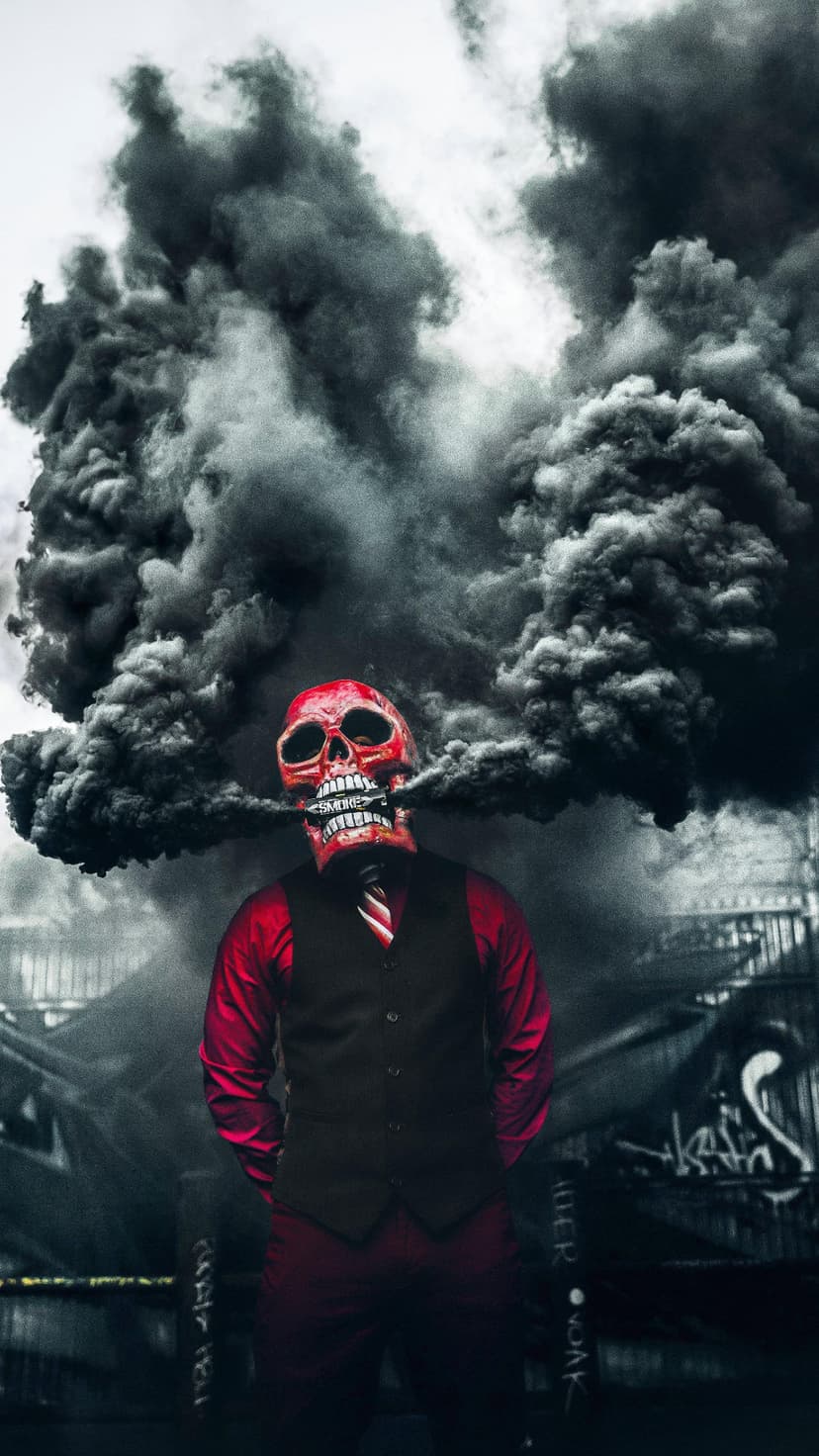 Red skull-masked man in a black vest exhales gray smoke amidst dark clouds and graffiti-covered city walls.