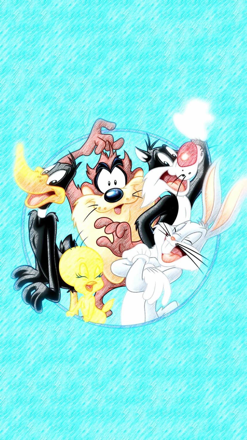 Bugs Bunny and Taz join other cartoon characters in a circular layout on a teal background for mobile screens.