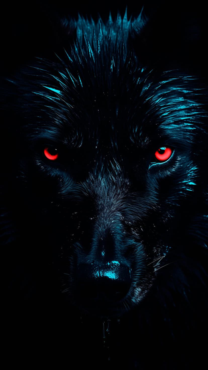 Black wolf with glowing red eyes and subtle blue highlights on its fur captured in a close-up portrait.