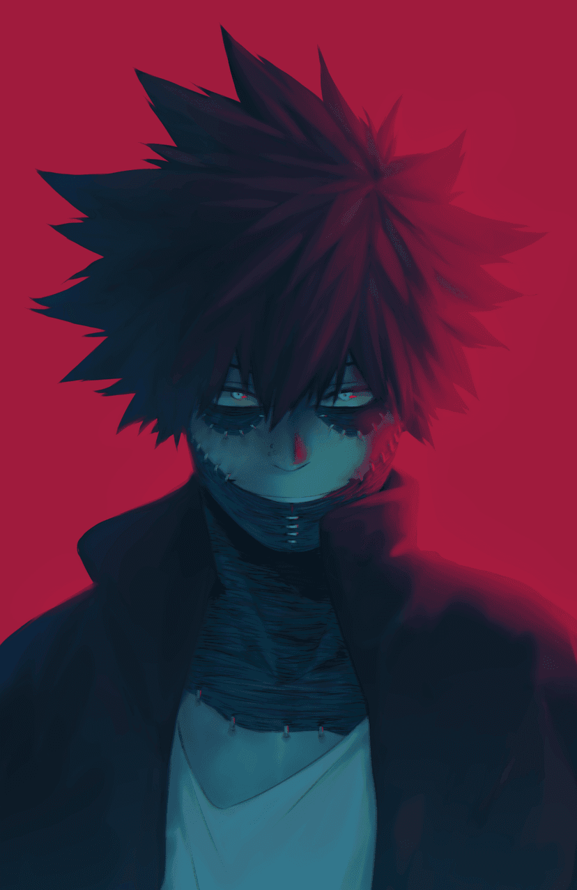 Dabi with stitched scars and red eyes stares forward against a dramatic background of glowing red flames.