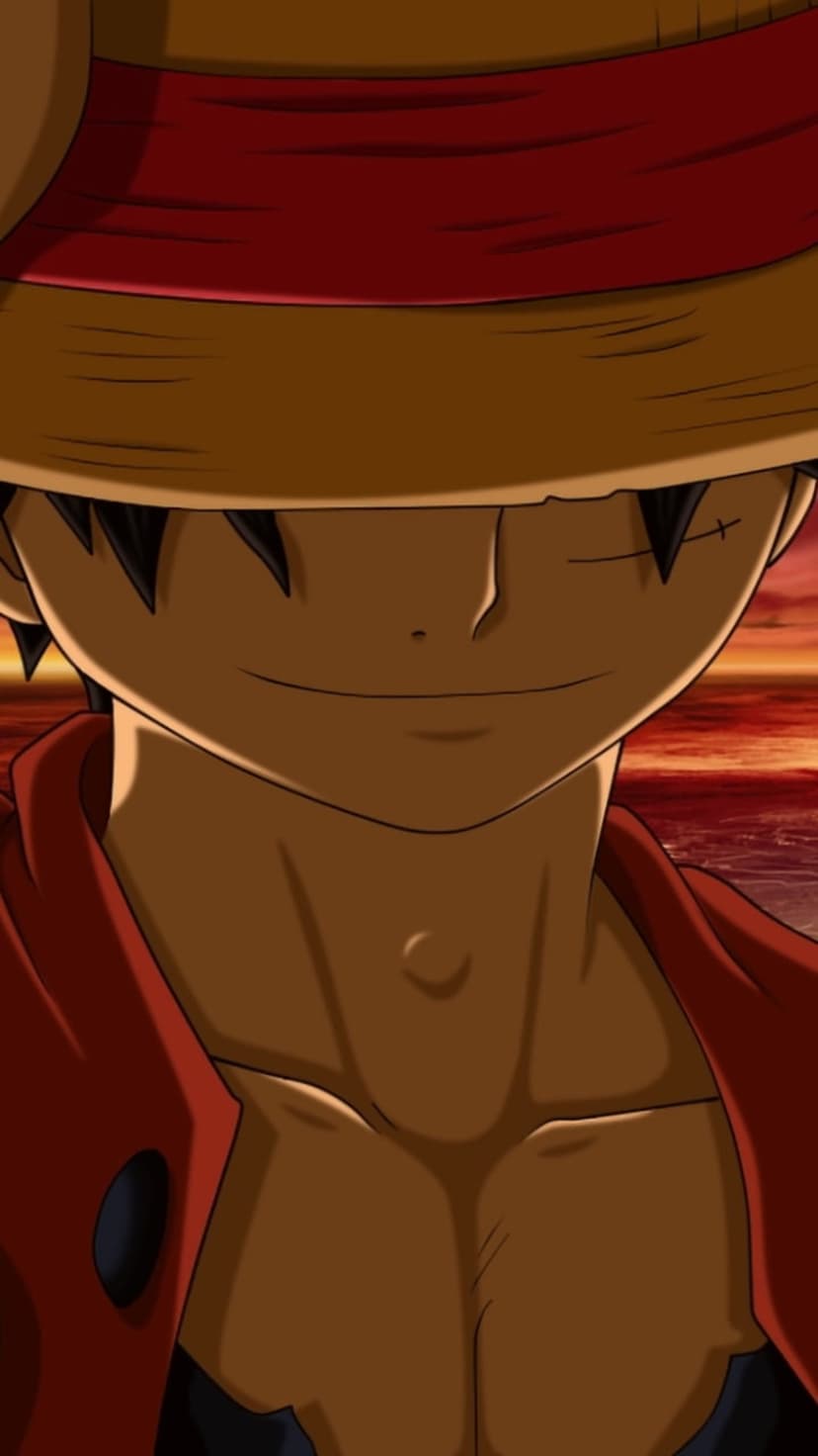 Monkey D. Luffy wears a straw hat and red vest with a prominent chest scar while standing against a sunset.