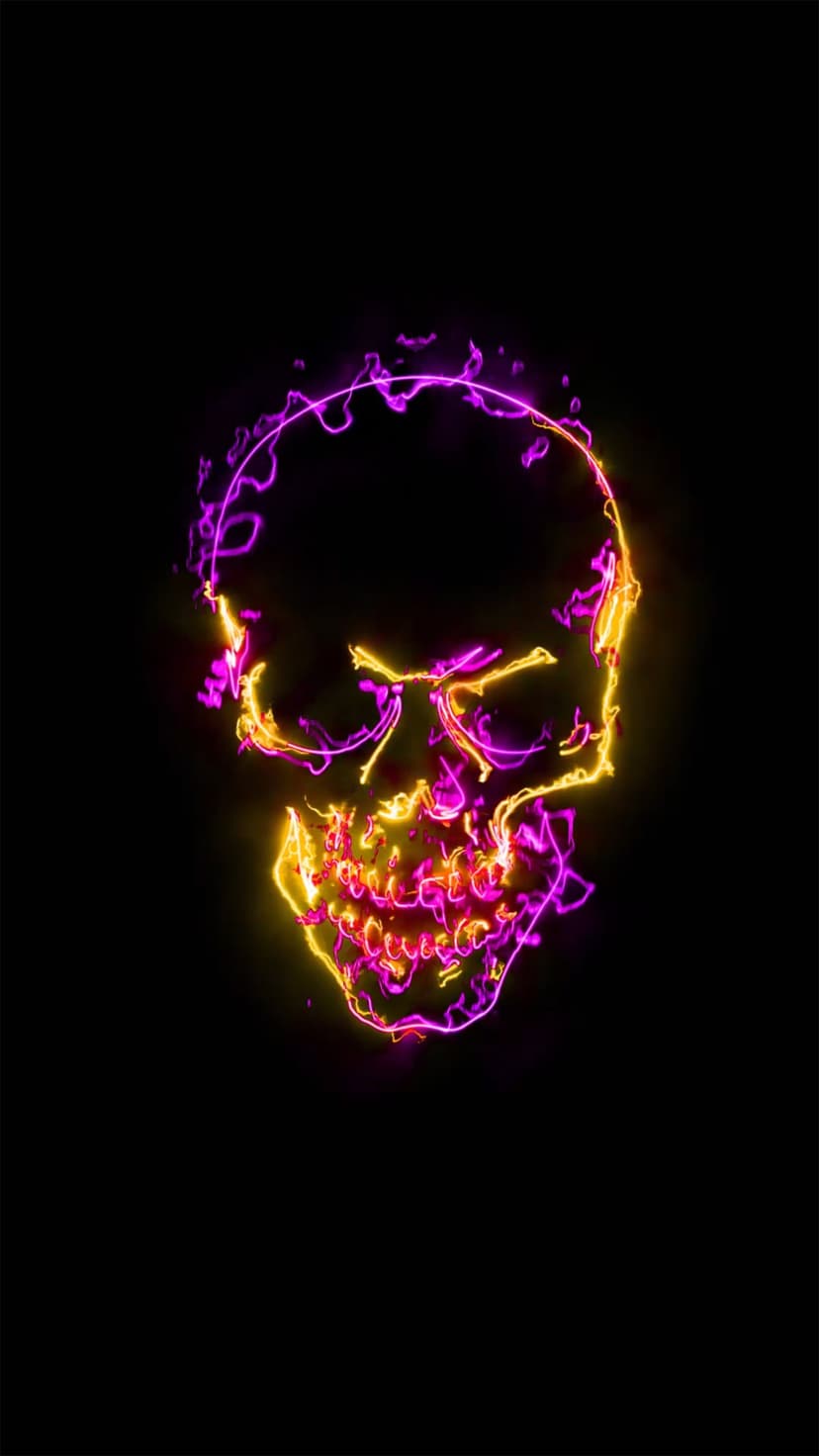 Glowing skull with pink and yellow neon electric outlines centered on a solid black vertical background.