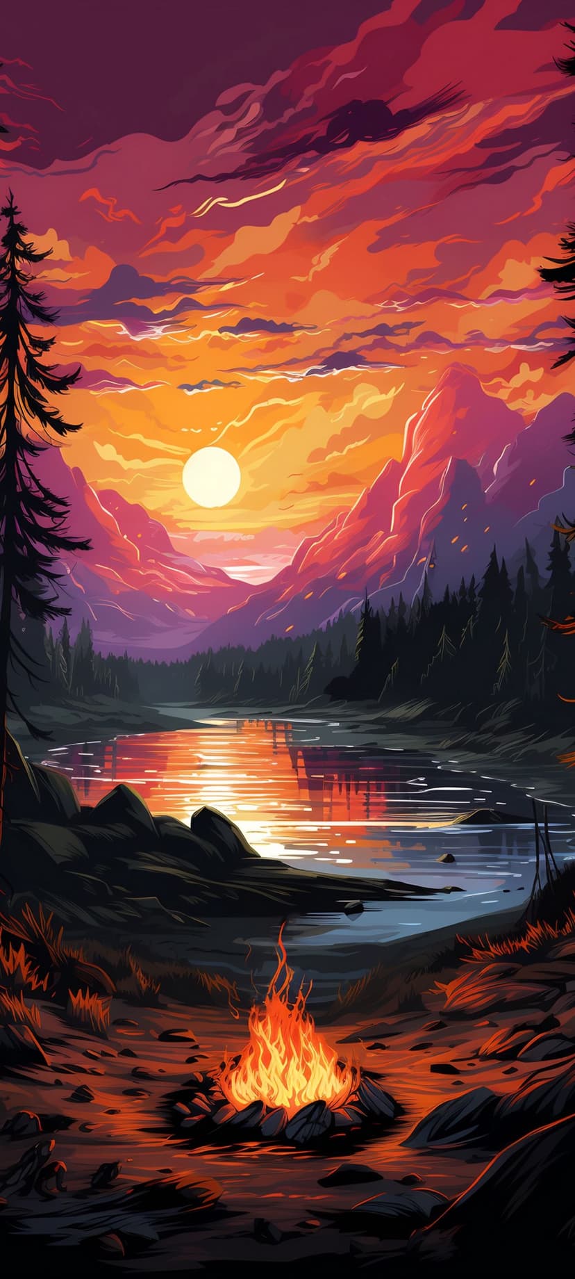 Burning campfire stones sit before a calm alpine lake and jagged mountain peaks under a purple and orange sky.