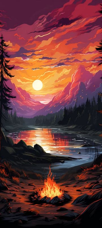 Vibrant Sunset Over Mountain Lake with Campfire