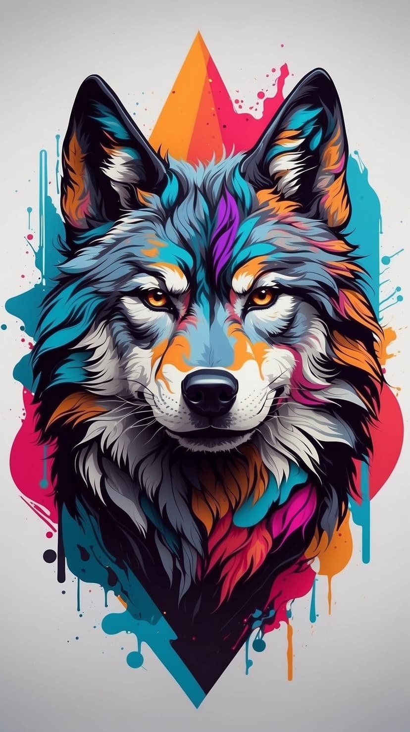 Wolf head with multi-colored fur and geometric patterns features vibrant teal and purple paint splatters.