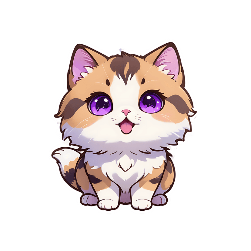 Kitten sticker illustration with white brown fur, purple eyes, and a pink tongue in a glossy cartoon style.