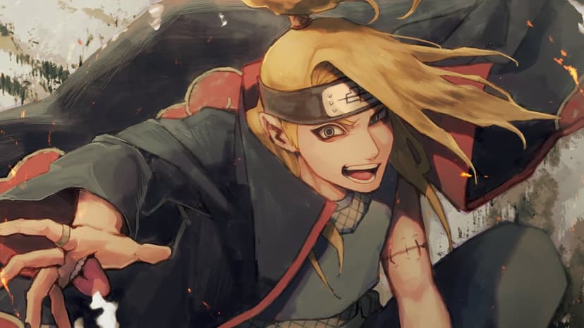 Deidara from Naruto prepares explosive clay while his blonde hair flows during a dynamic Akatsuki battle scene.