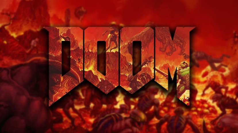 Iconic DOOM logo filled with hellish battle scenes featuring the Doom Slayer against a fiery red background.