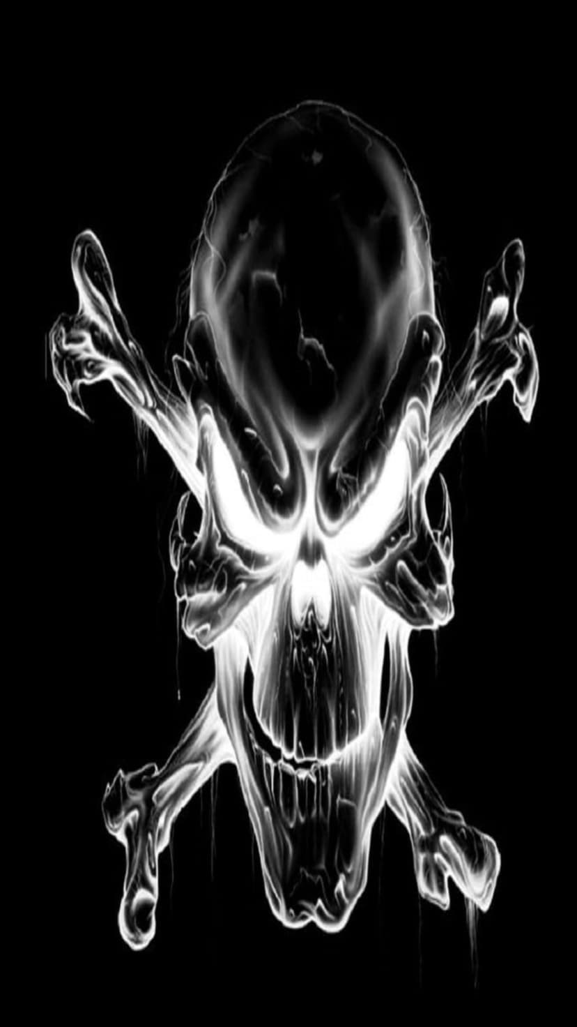 Skull and crossbones rendered in glowing white wisps of smoke against a solid black backdrop with luminous eyes.