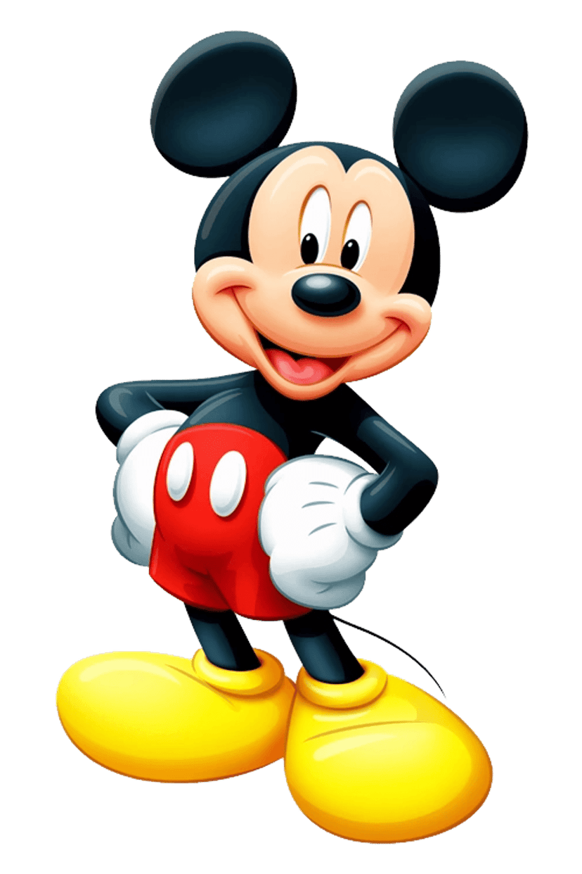 Mickey Mouse stands forward wearing red shorts and yellow shoes. Thick black outlines define his 2D silhouette.