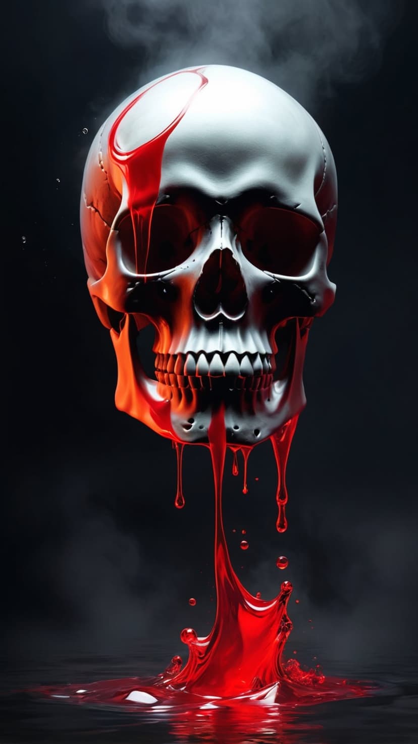 Human skull with deep red liquid flowing from the eye sockets onto a dark surface with splashes and droplets.