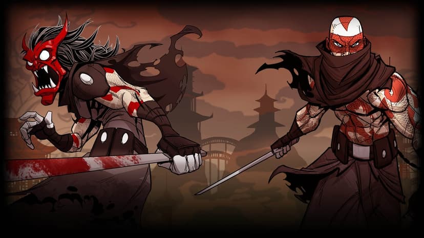 Two masked ninjas with red tattoos stand before silhouetted pagodas in a dark, atmospheric sunset scene.