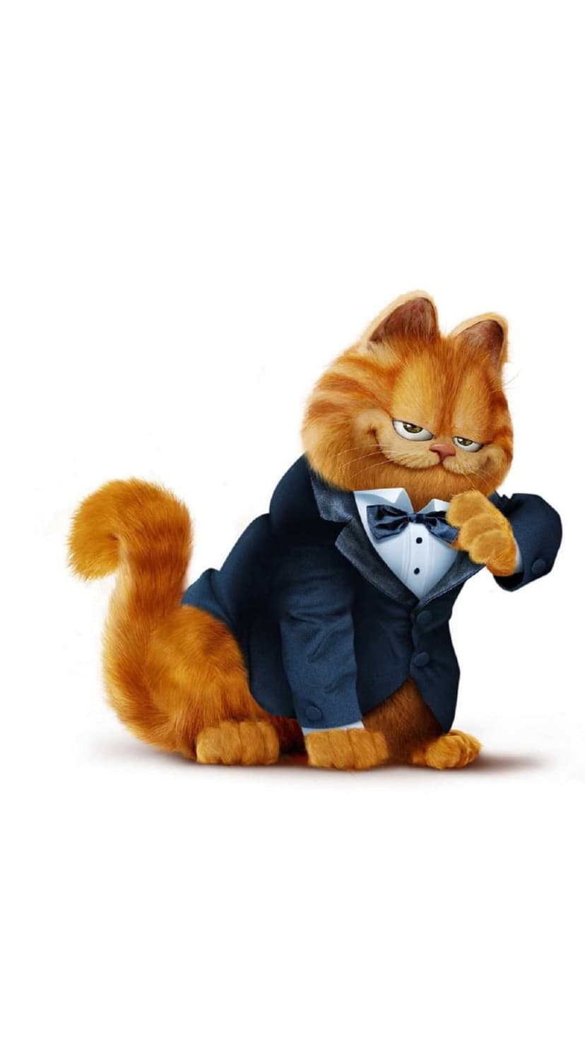 Garfield the orange cat wearing a blue tuxedo and black bowtie while adjusting his collar against a white backdrop.