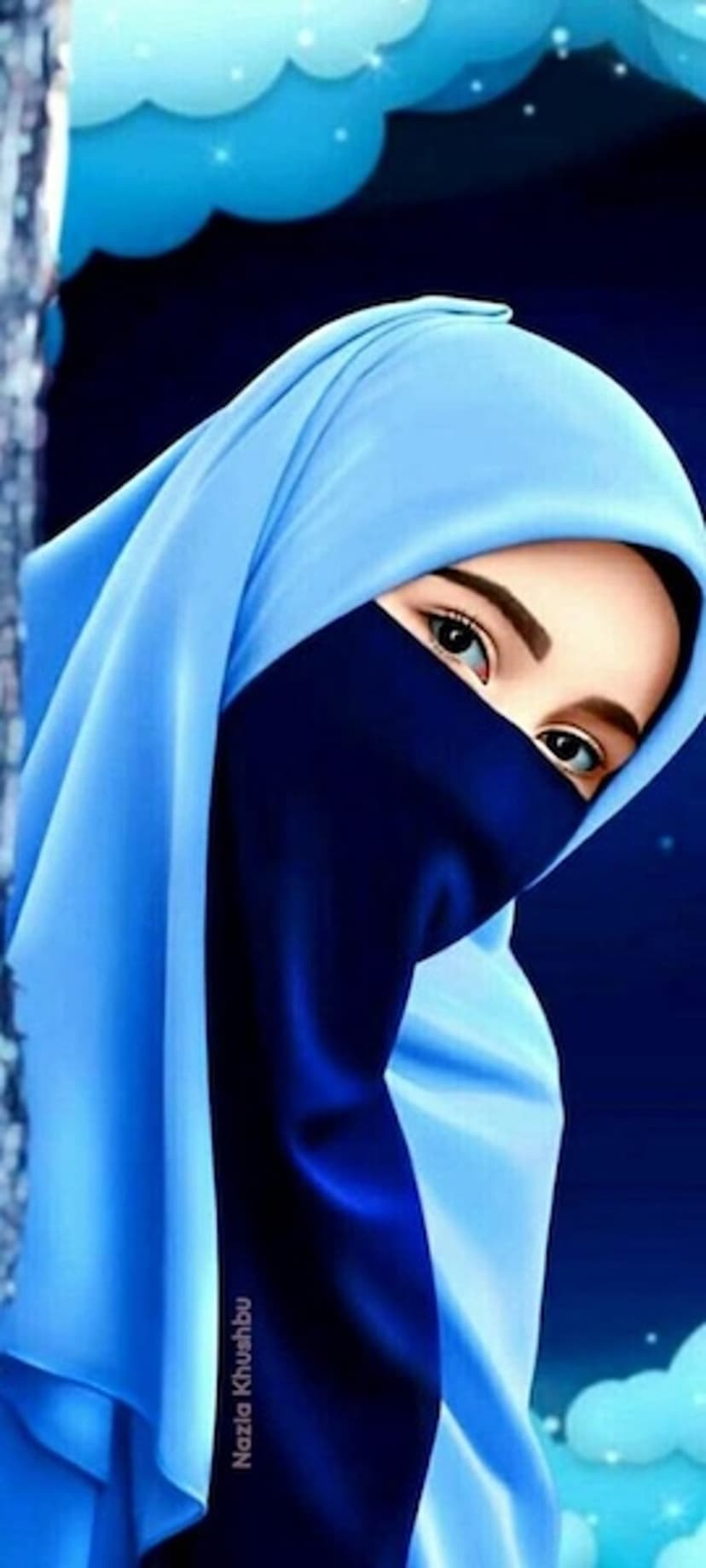 Muslim woman wearing a blue hijab and niqab with expressive eyes against a dark starry sky background.