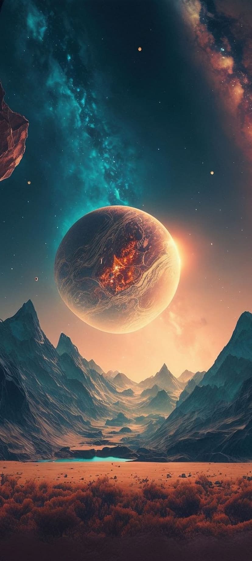 Colossal fiery planet and teal nebula loom over jagged mountain peaks and a serene turquoise lake in deep space.