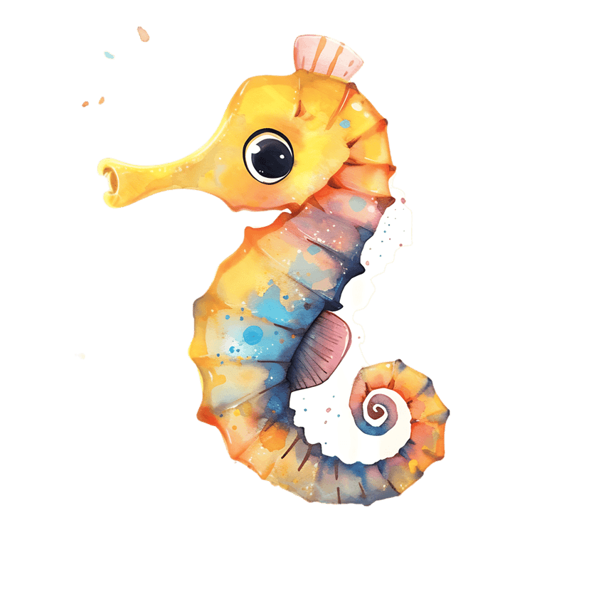 Watercolor seahorse illustration with vibrant yellow and orange scales features a pink crown on a black background.