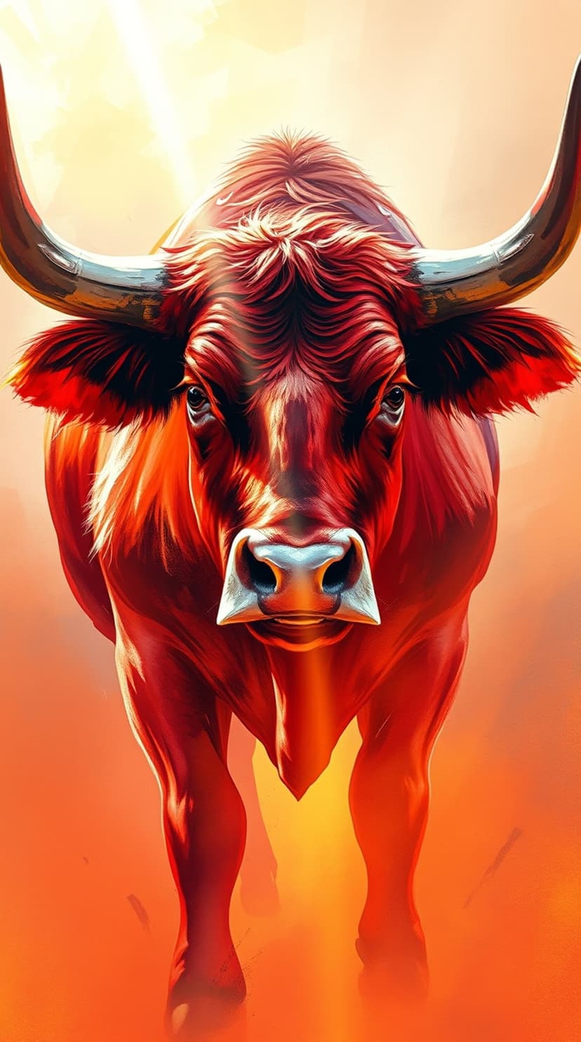 Muscular red bull with large horns stands amidst glowing embers, orange light rays, and thick volcanic smoke.