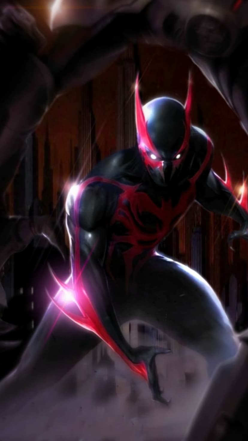 Batman Beyond in a black and red suit crouches on a rooftop overlooking a dark, glowing futuristic city at night.