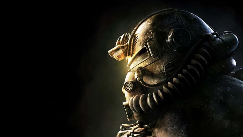 Weathered T-51 Power Armor helmet in profile with dramatic golden lighting against a dark, shadowy background.