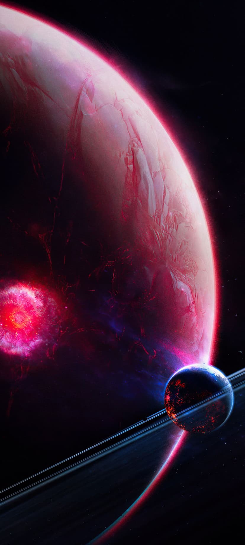 Crimson planet with a glowing aura near a volcanic ringed moon against a vibrant pink and red celestial nebula.