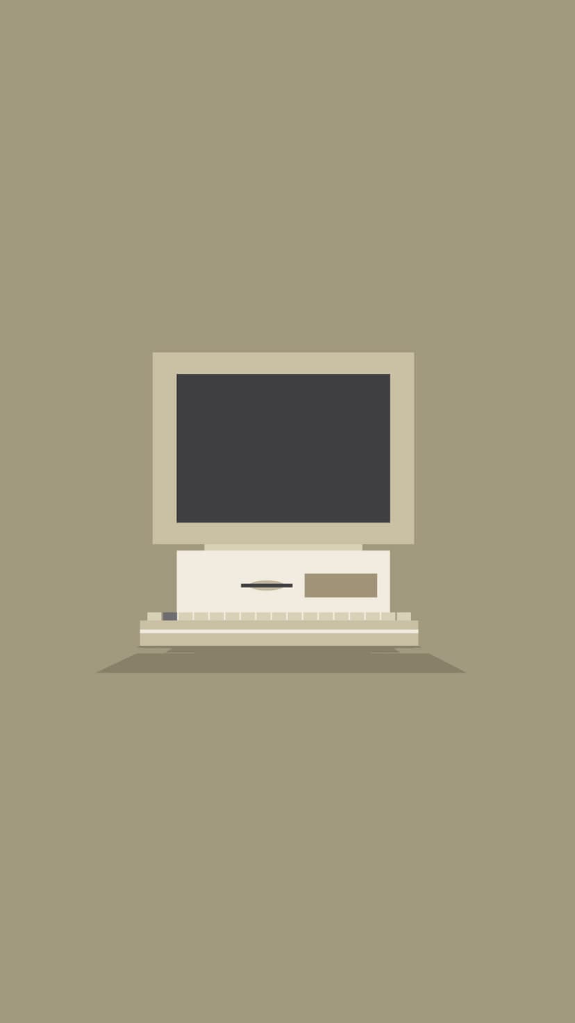 Vintage beige computer monitor with a floppy drive and keyboard on a solid taupe background in a minimalist style.