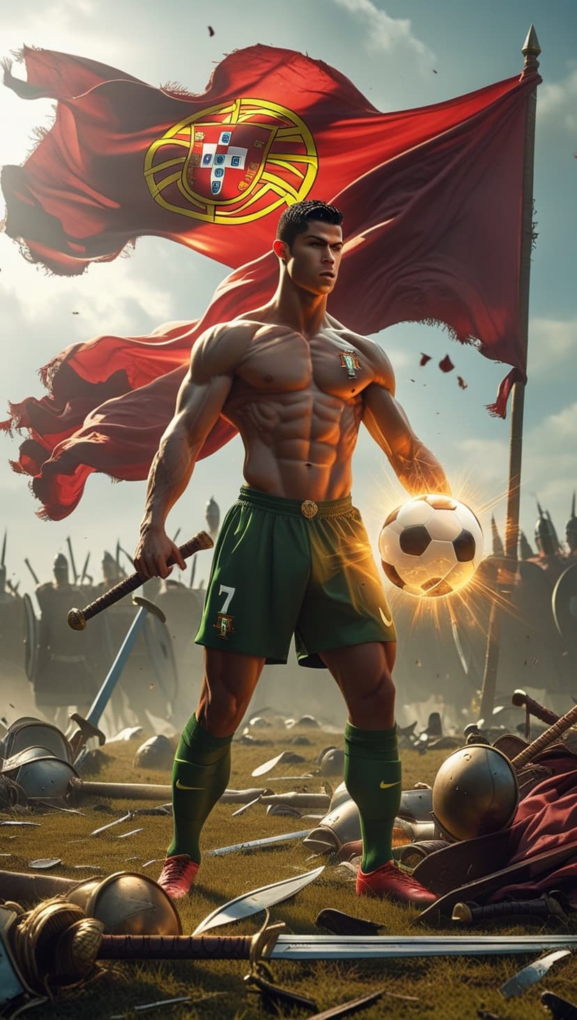 Cristiano Ronaldo in armor holding a glowing soccer ball with the Portugal flag in a smoky battlefield setting.