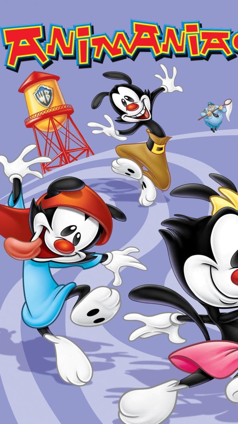 Yakko, Wakko, and Dot stand in dynamic poses beside the Warner Bros water tower over a deep purple background.