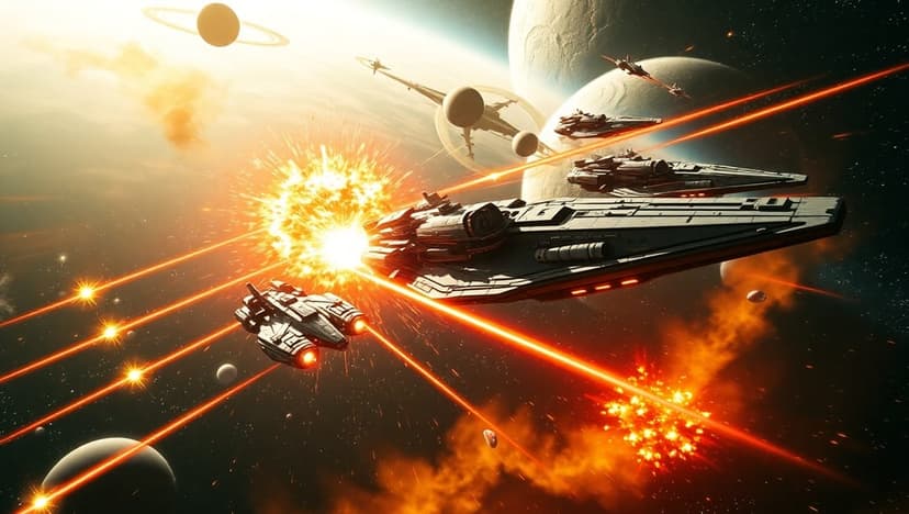 Two large starships exchange bright laser fire amidst orange explosions and a gaseous blue nebula in deep space.