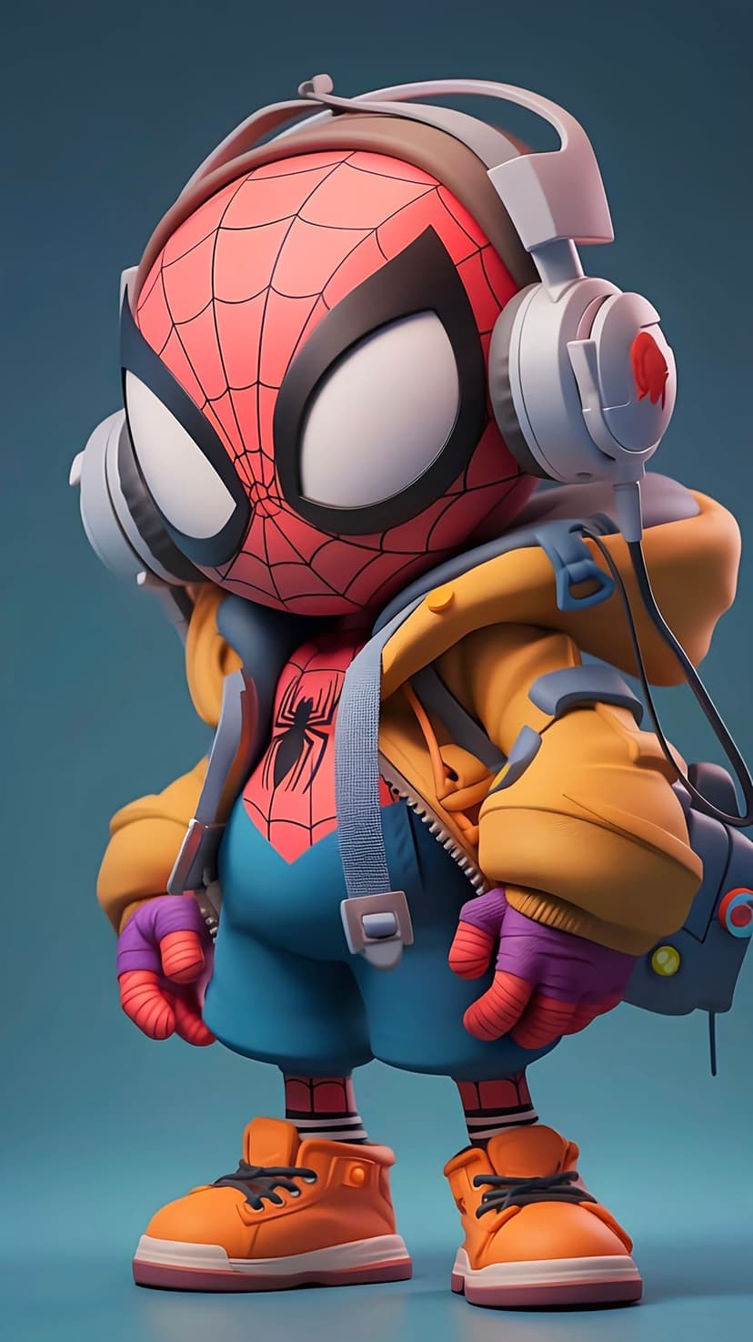 Spider-Man wears a yellow hoodie, blue shorts, and orange sneakers while carrying a backpack and headphones.