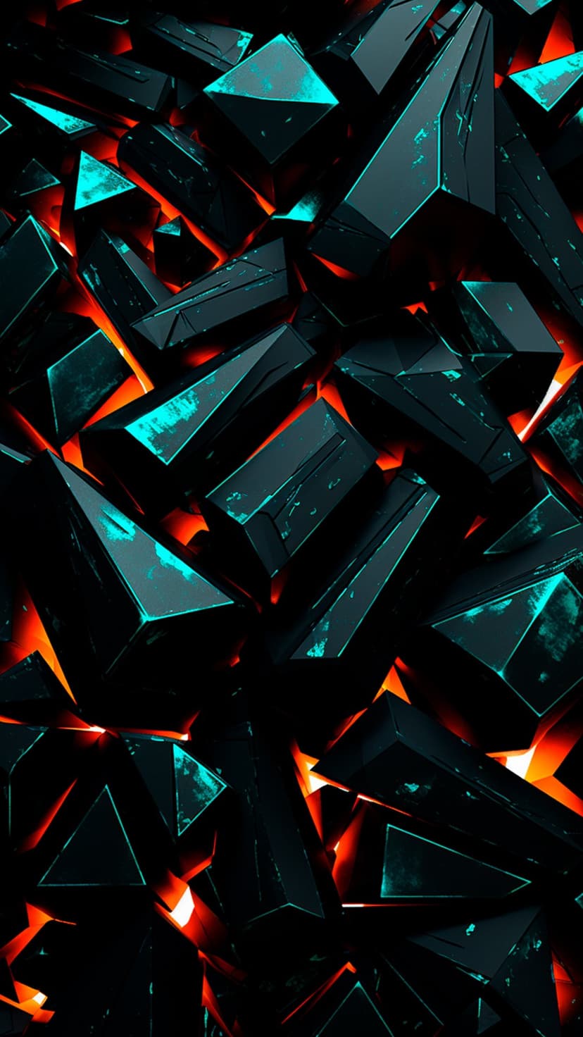 Sharp black geometric shards with glowing cyan edges float in front of a hazy, vibrant orange background.