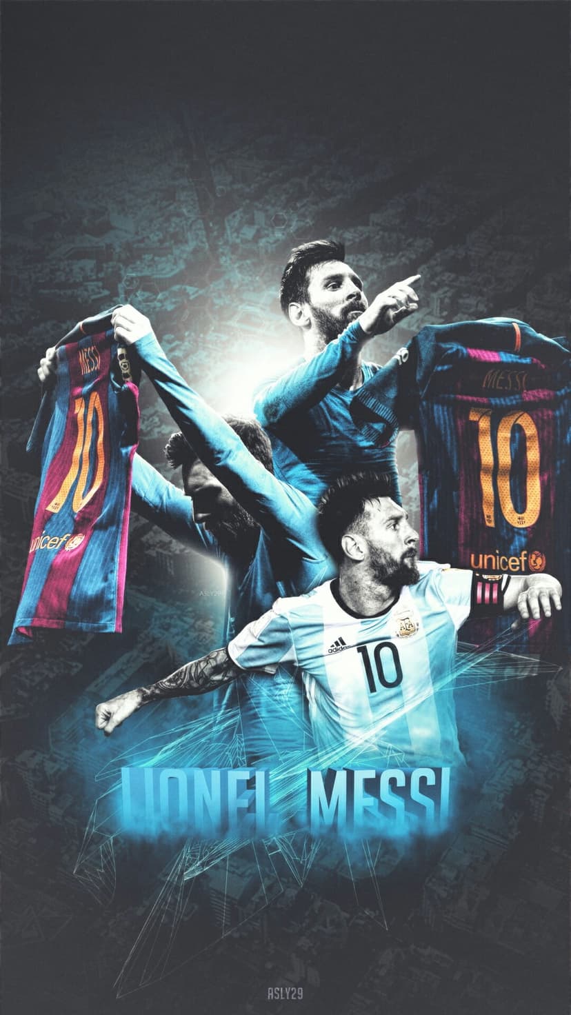 Lionel Messi jerseys featuring Barcelona stripes and Argentina colors with the number 10 on a vertical layout.
